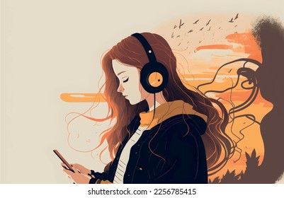 Vector illustration beautiful girl with closed eyes listening to music, wallpaper modern design