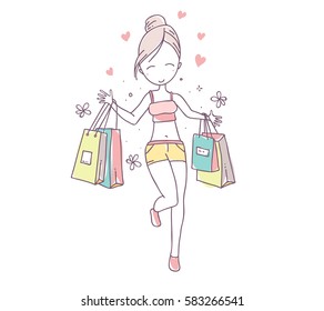 Vector illustration of beautiful girl with color shopping bags and hearts. Hand drawn flat line art style girl for t-shirt print, sticker, web, site, greeting card, romantic poster