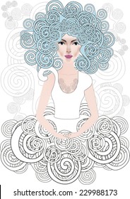 Vector illustration of the beautiful girl with curly hair like a sheep. Woman in abstract stylized dress with decorative spiral elements on white helix background. 