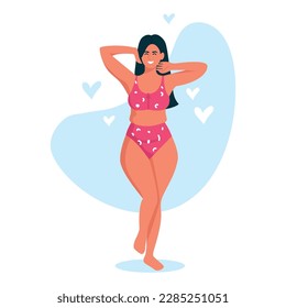 Vector illustration of a beautiful girl with a curvaceous figure. Cartoon scene with a tanned girl in a swimsuit who is satisfied with her appearance and loves herself isolated on a white background.