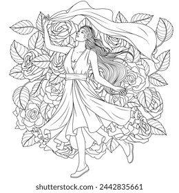 Vector illustration, beautiful girl dances against the background of large roses., coloring book