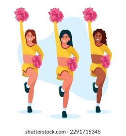 Vector illustration of beautiful girl dancing cheerleading. Cartoon scene with smiling girls with pompoms dancing cheerleading and performing before the start of sports competitions isolated on white.