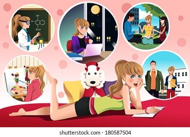 A vector illustration of beautiful girl daydreaming about her future in college