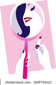 vector illustration of a beautiful girl doing her makeup using a red lipstick and holding a round mirror