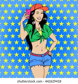 Vector illustration of a beautiful girl doing selfie.