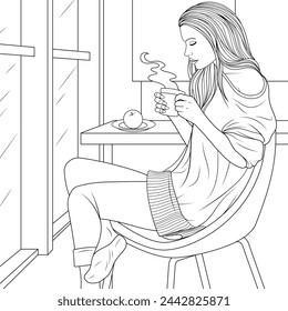 Vector illustration, beautiful girl drinking coffee in the kitchen, coloring book