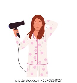 Vector illustration of a beautiful girl drying her hair. Cartoon scene of a smiling girl dressed in pajamas drying her wet hair with a hairdryer isolated on a white background. Morning care routine.