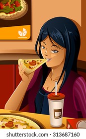 A vector illustration of beautiful girl eating pizza 