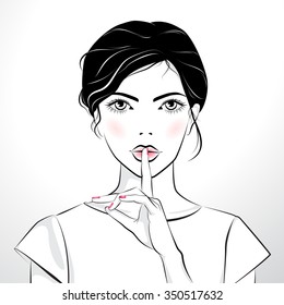 Vector illustration of the beautiful girl with finger on her lip