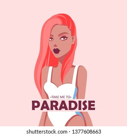 Vector illustration with beautiful girl. Flat style. Fashion portrait of a model. Minimalism colorful art. Young woman. Summer Girl in swimsuit.