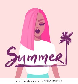 Vector illustration with beautiful girl. Flat style. Fashion portrait of a model. Minimalism. Young woman. Summer lettering.