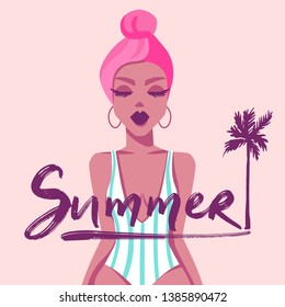 Vector illustration with beautiful girl. Flat style. Fashion portrait of a model. Minimalism. Young woman. Summer lettering.