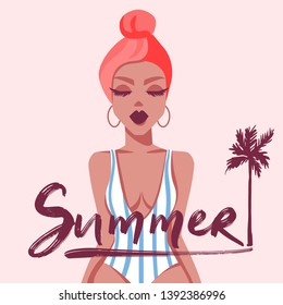 Vector illustration with beautiful girl. Flat style. Fashion portrait of a model. Minimalism. Young woman. Summer lettering.
