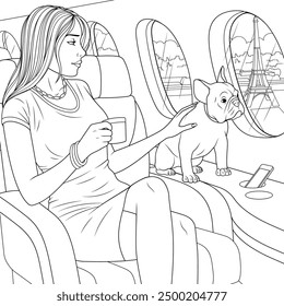 Vector illustration, beautiful girl flying in a plane with a dog over Paris, coloring page