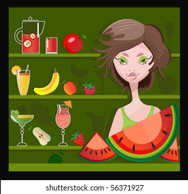 Vector illustration of beautiful girl with fruits and juice