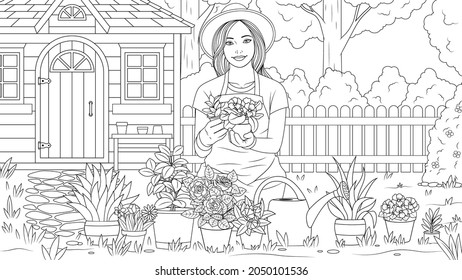 Vector illustration, beautiful girl gardener, plants flowers in the garden, coloring book