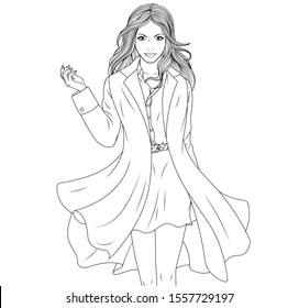 Vector illustration, a beautiful girl goes in a stylish coat, coloring book