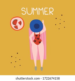 Vector illustration, a beautiful girl in a hat lies on the beach in a swimsuit and does her favorite thing - beach vacation, summer vacation, summer inscription