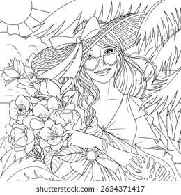Vector illustration, beautiful girl in a hat with flowers on the beach, coloring