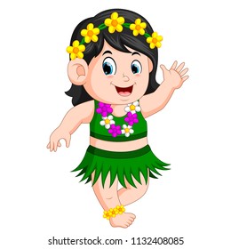 vector illustration of A beautiful girl in Hawaiian clothes dances Hula