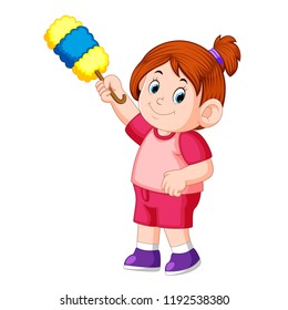 vector illustration of the beautiful girl holding the duster to clean uo the dust