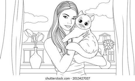 Vector illustration, a beautiful girl holding a beloved cat pet in her arms, coloring book