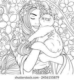 Vector illustration, a beautiful girl holding a cat in her arms, coloring book