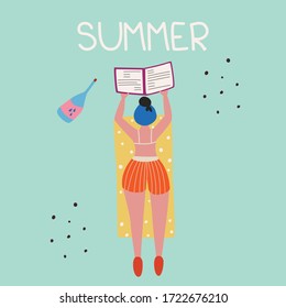 Vector illustration, a beautiful girl lies on the beach in a swimsuit and reads a book - beach vacation, summer vacation, summer inscription