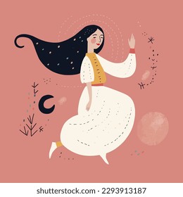 Vector illustration of a beautiful girl in a long dress with long hair.