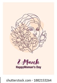 Vector illustration of a beautiful girl with magnolia flowers. magnolia bouquet and woman face. Postcard for March 8 with the inscription International Women's Day. Delicate beige colors and lettering