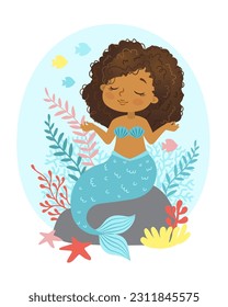 Vector illustration of Beautiful Girl Mermaid african american ethnicity