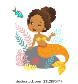 Vector illustration of Beautiful Girl Mermaid african american ethnicity