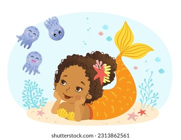 Vector illustration of Beautiful Girl Mermaid african american ethnicity