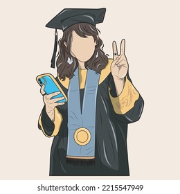 vector illustration of beautiful girl on graduation day holding cell phone and necklace with medal, in peace style