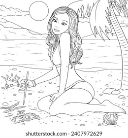 Vector illustration, beautiful girl on the beach sunbathing, coloring book.