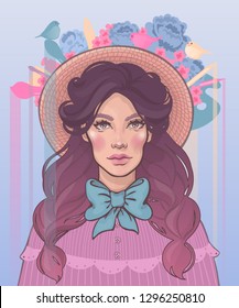 vector illustration of a beautiful girl painter with hair in pigtails wearing a hat with flowers, tassels and paint