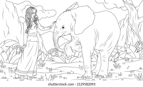 Vector illustration, beautiful girl petting a cheerful baby elephant in the park, coloring book.
