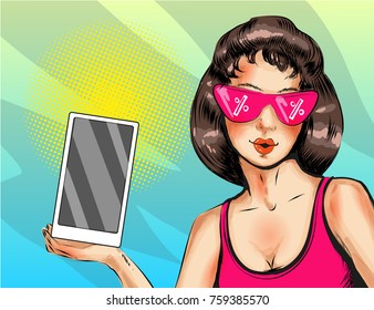 Vector illustration of beautiful girl in pink glasses with percentage signs showing digital tablet. Sales, discounts concept in retro pop art comic style.