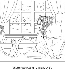 Ilustración vectorial, hermosa chica jugando con gato en la habitación, libro para colorear.