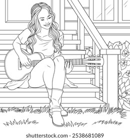 Ilustração vetorial, linda menina tocando guitarra na varanda da casa, livro de colorir.