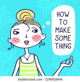 Vector illustration of a beautiful girl portrait with hairstyle beam thinking about something. Hand drawn flat line art style design of girl with speech bubble for web, site, card, poster