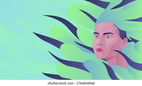 Vector illustration of a beautiful girl portrait on an abstract background. Girl face among green leaves abstract pattern. Waves under water pattern 