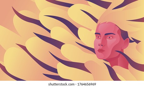 Vector illustration of a beautiful girl portrait on an abstract background. Girl face among yellow leaves abstract pattern. Waves under water pattern 