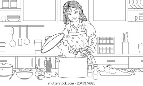 Vector illustration, beautiful girl prepares lunch for the family in the kitchen, coloring book