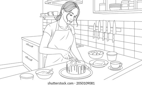 Vector illustration, beautiful girl prepares a cake in the kitchen at home, coloring book