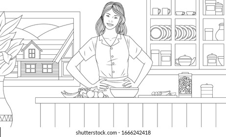 Vector illustration of a beautiful girl preparing food in the kitchen, coloring book 