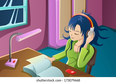 A vector illustration of beautiful girl reading a book while listening to music in her bedroom