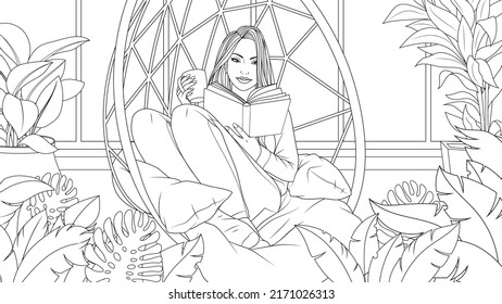 Vector illustration, beautiful girl reading a book sitting in a hammock in the garden, book coloring.