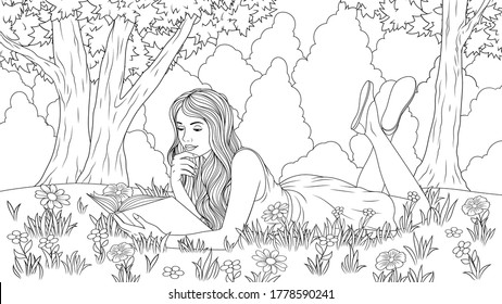 Ilustración vectorial, una hermosa muchacha lee un libro tendido en la hierba en un prado, libro de colorear.