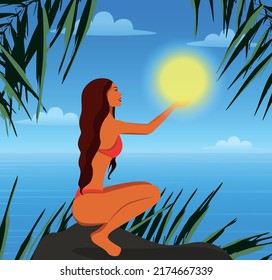 Vector illustration of a beautiful girl in a red bikini on summer vacation on the beach holding the sun in her hands under palm trees